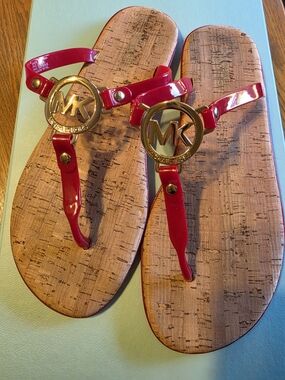 Michael Kors Red MK Logo Cork-Print Thong Sandals